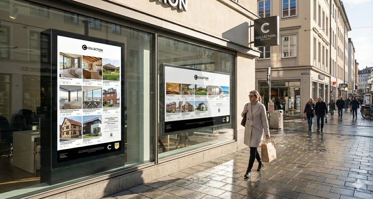 Digitales Schaufenster mit Exposés auf Bildschirmen